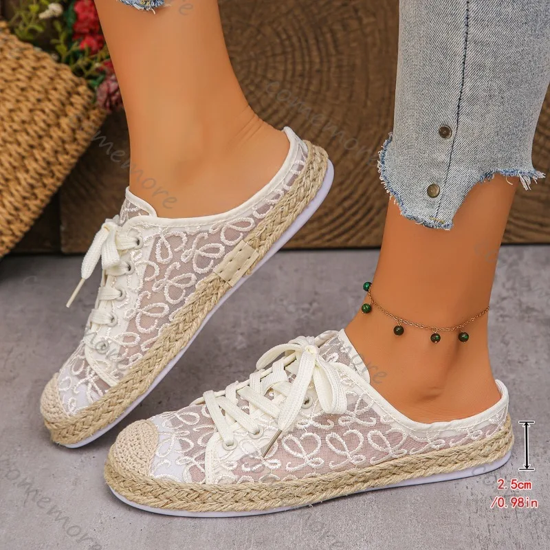 

Women's Mesh Mule Shoes Espadrille Slip-On Breathable Lace Floral Casual Slippers for Summer Comfortable Flat Slides Size 36-41