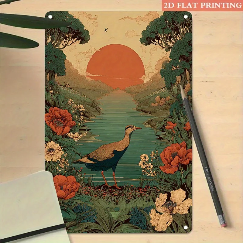 Plaque Métallique Vintage 2D – Paysage Floral au Bord de la Rivière au Coucher du Soleil, Décoration pour Bar, Maison, Mariage, Fête