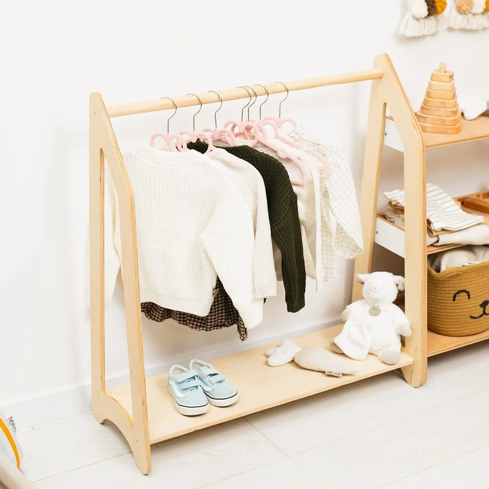 

Clothing Rack for Toddler Furniture Wooden Wardrobe Shelf Clothes Kids Birthday Gift Dress up Wood