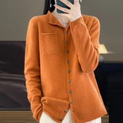 Spring New 100%Wool O-neck Sweater Cardigan Women Solid Autumn Winter Basic edge curl Top Knit Long Sleeve Pocket Mujer Cardigan