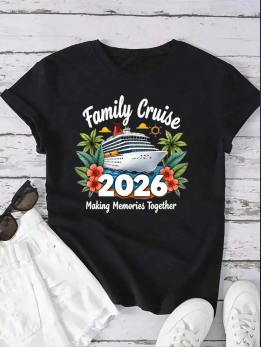 Black Tops, Family Cruise 2026 Vacation Trip Family Matching Cruise Ship Tees-Shirt, Women's Round Neck Short Sleeve-Shirt Fashi