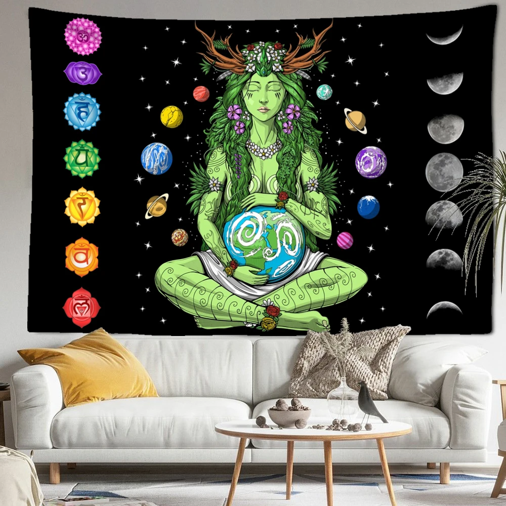 Green Girl Seven Chakra Tapestry Wall Hanging Abstract Psychedelic Witchcraft Art Bohemian Dormitory Living Room Home Decor