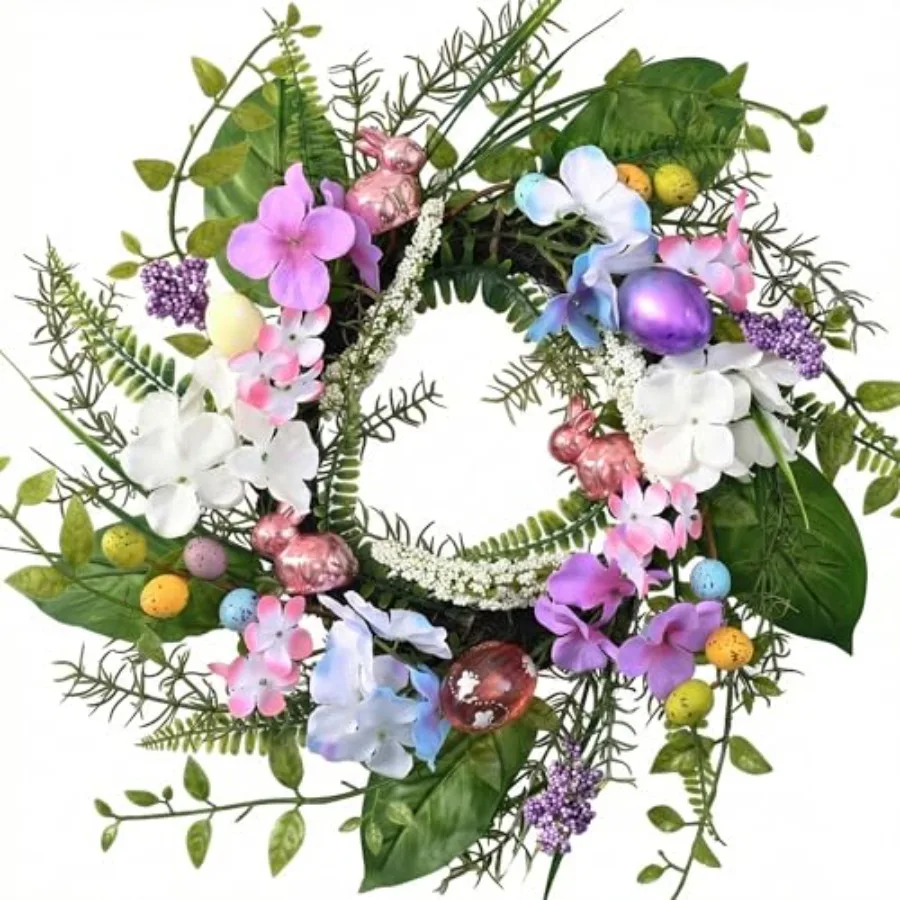 

18 Pastel Electroplated Easter Egg Wreath for Front Door with Hydrangeas Flowers Artificial Spring Wreath Decor in Pastel Color