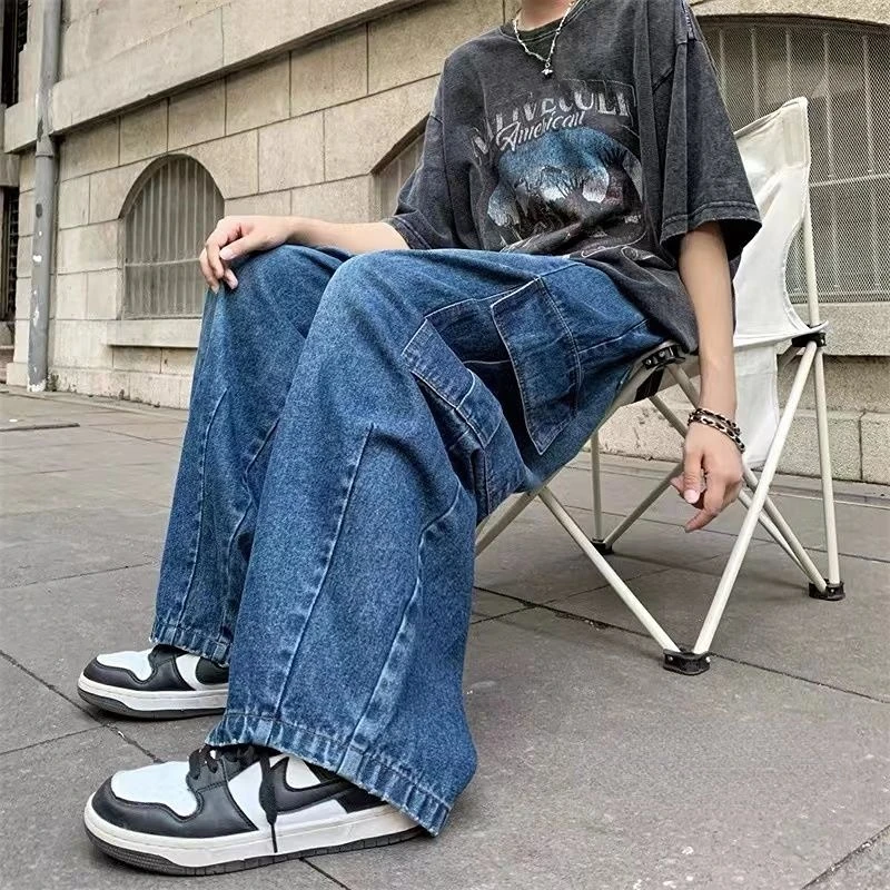 Jeans Longgar Kaki Lebar Retro Kasual Dicuci Pria Semua Cocok Lurus Hip Hop Overall Saku Besar Jeans Biru untuk Wanita Streetwear