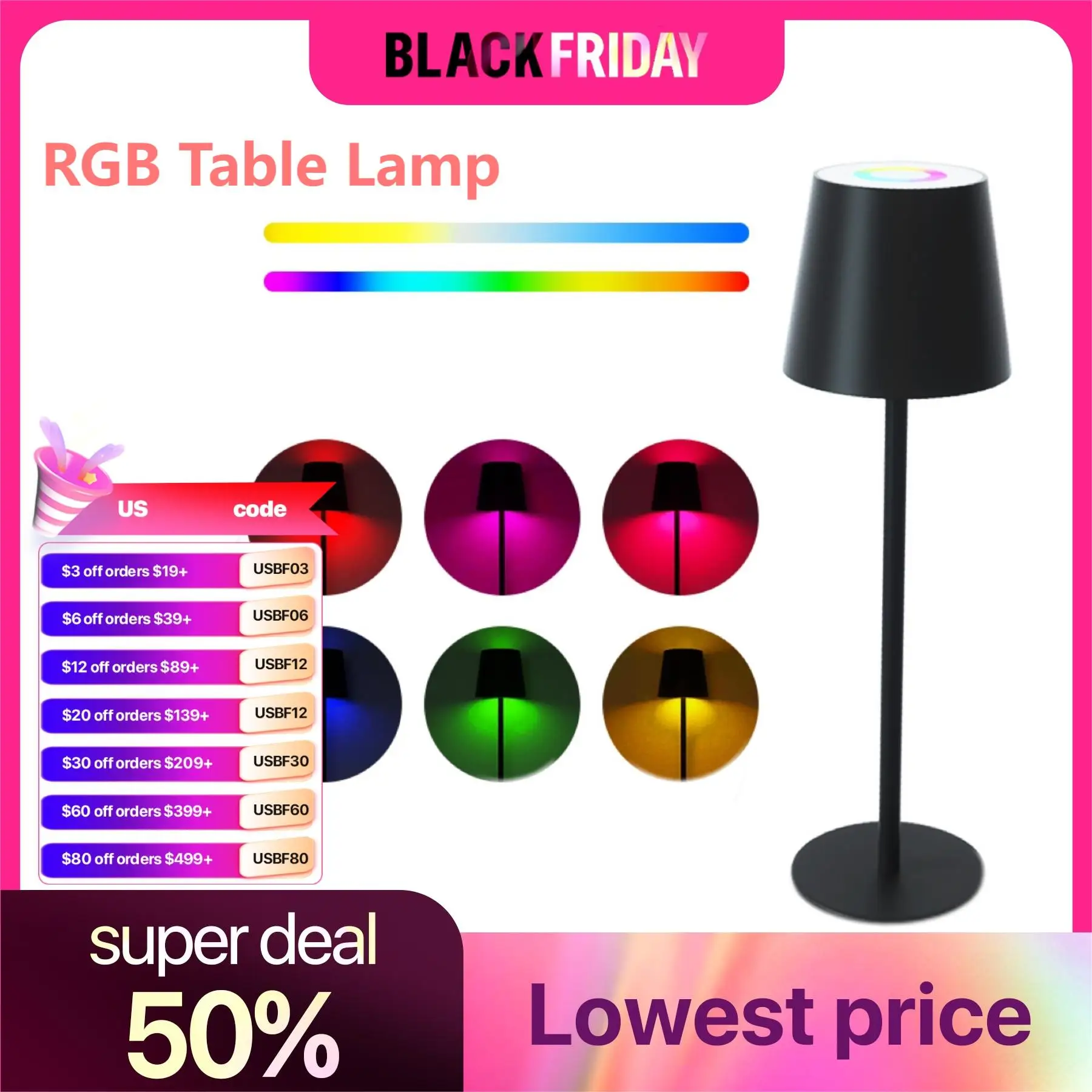 RGB Table Lamp with USB Type-C Charging Port RGB Adjustable Desk Lamp Rechargeable Cordless LED Night Light For Bedroom Outdoors