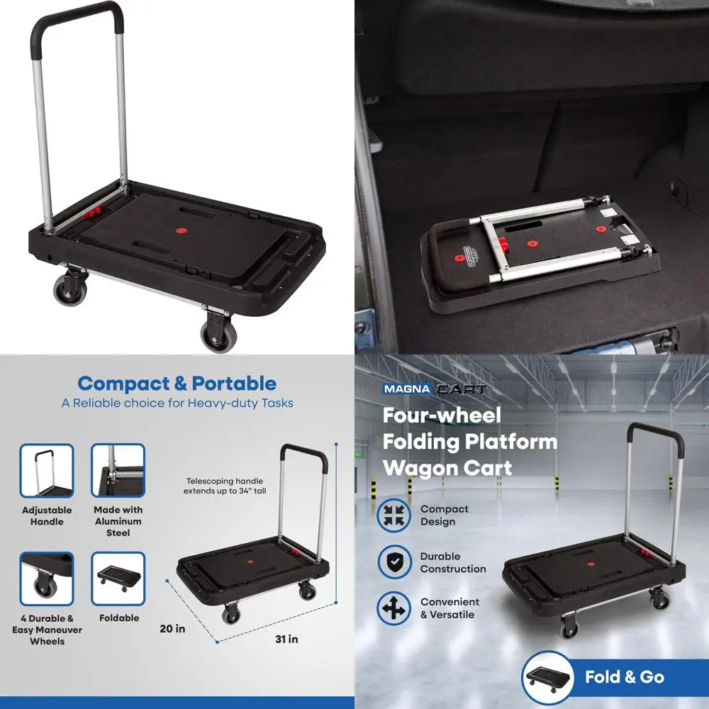 Folding Dolly Wagon with Wheels, 500 lbs Capacity, Heavy-Duty Rolling Platform Hand Truck for Grocery Use