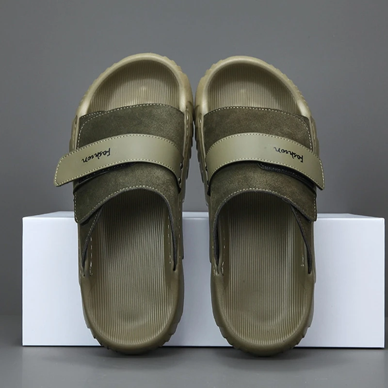 DOYUTIG Men's Genuine Leather Slide Sandals Dark Green Casual Summer Fashion Outdoor Soft Versatile Comfortable Sandals SGB001