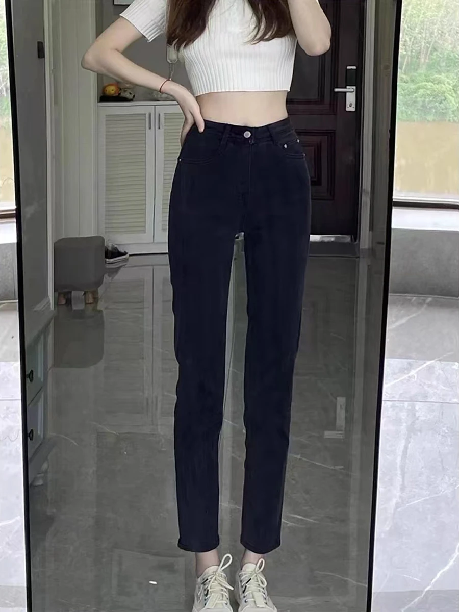 

Джинсы женские с высокой талией, эластичные, из денима, осенне-зимние, больших размеров, прямые, утягивающие, из хлопка, стрейч