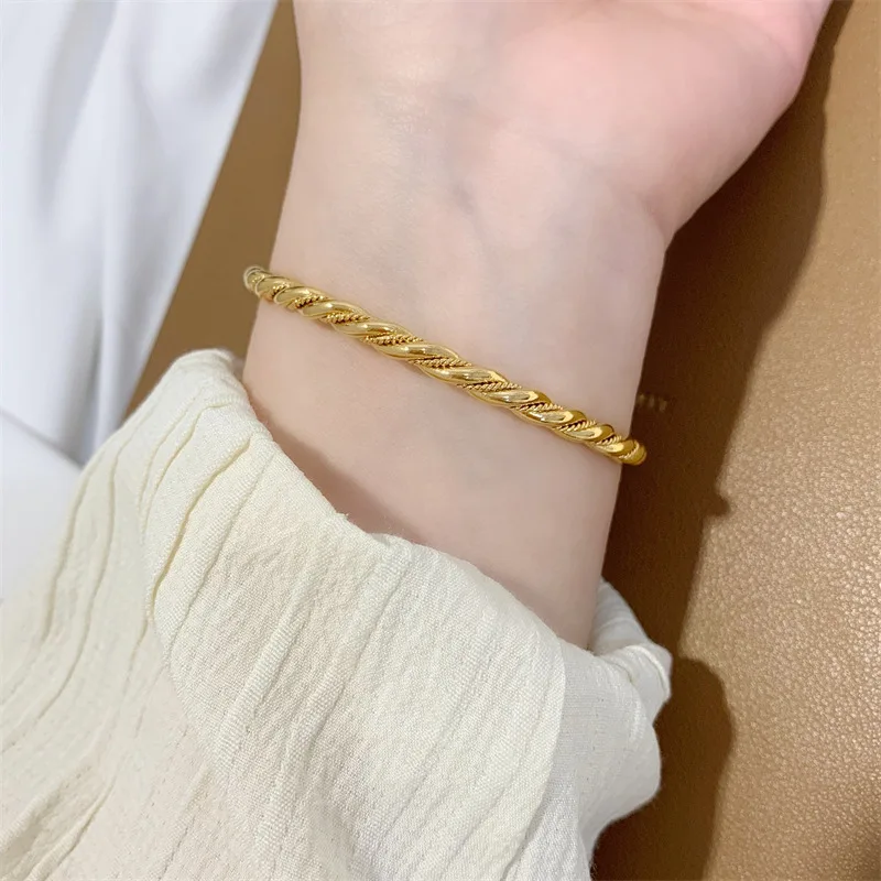 Women\'s Hand Bracelets Gold Color 4mm Twisted Round Circle Cuff Bangles Wristband Pulsera Wedding Jewelry Accessories Gifts