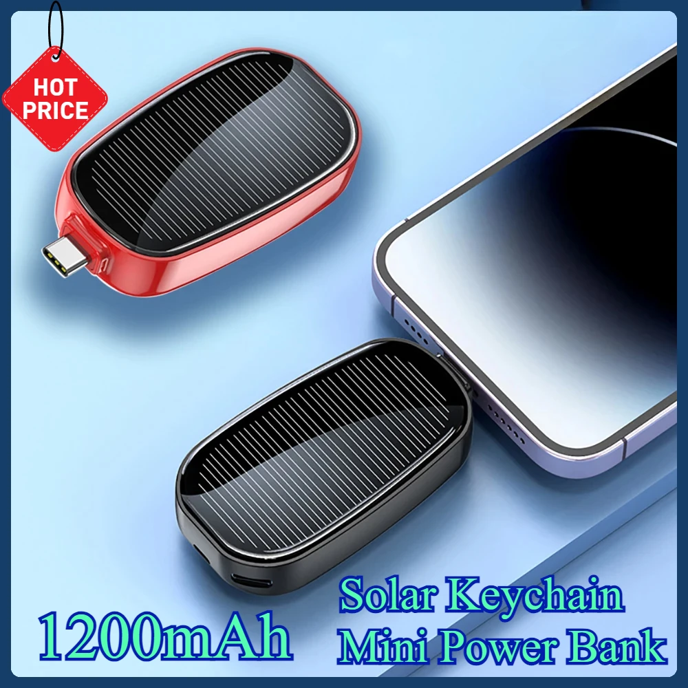 

Solar Keychain Mini Power Bank1200mAh Portable Powerbank Compact Phone Charger Mini Power Bank TYPE-C Backup Emergent Power