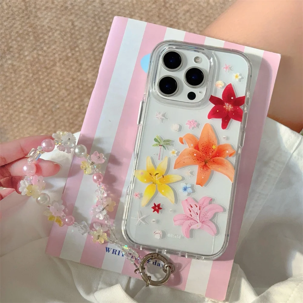 

Korean Ins Lovely Flower Phone Case For iPhone 16 Pro 15 14 Pro Max Cover with Chain Cute Floral Cases 15pro Luxury Fashion Case