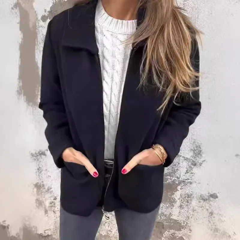 Manteau en laine monochrome pour femme, veste à poche zippée à revers, manteau moyen et long, automne et hiver, nouveau