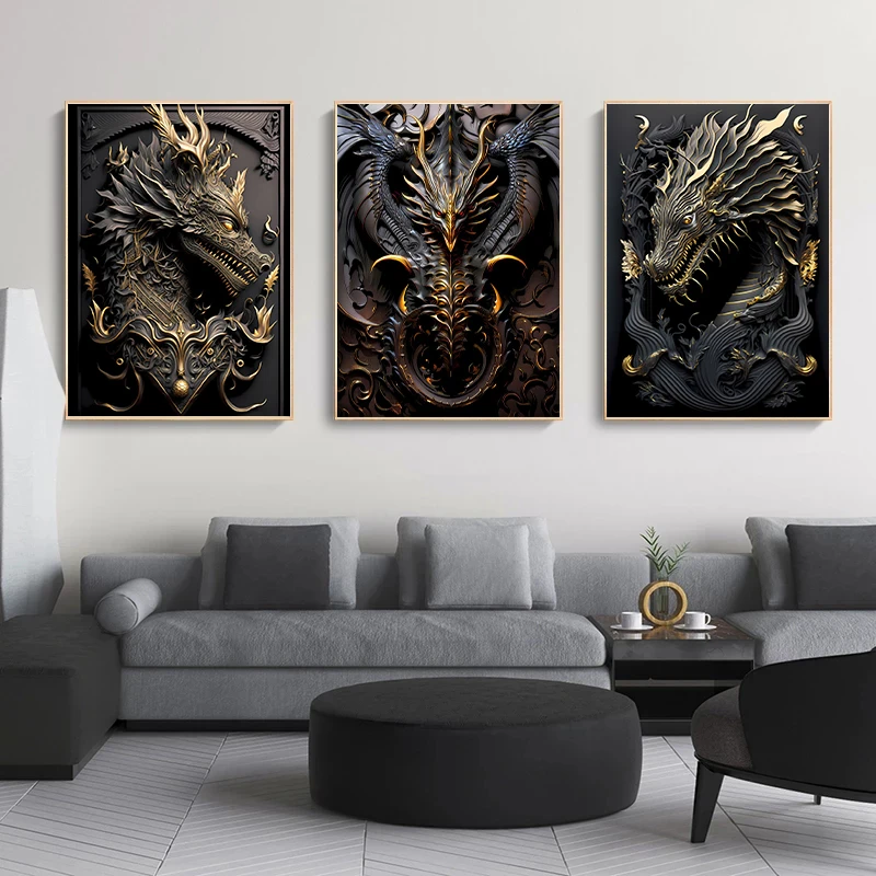 Black Gold Dragon Wall Art Picture 3D Style Sculpture Dragon Gorgeous Canvas Painting Solemn Decor Aesthetic for Living Room