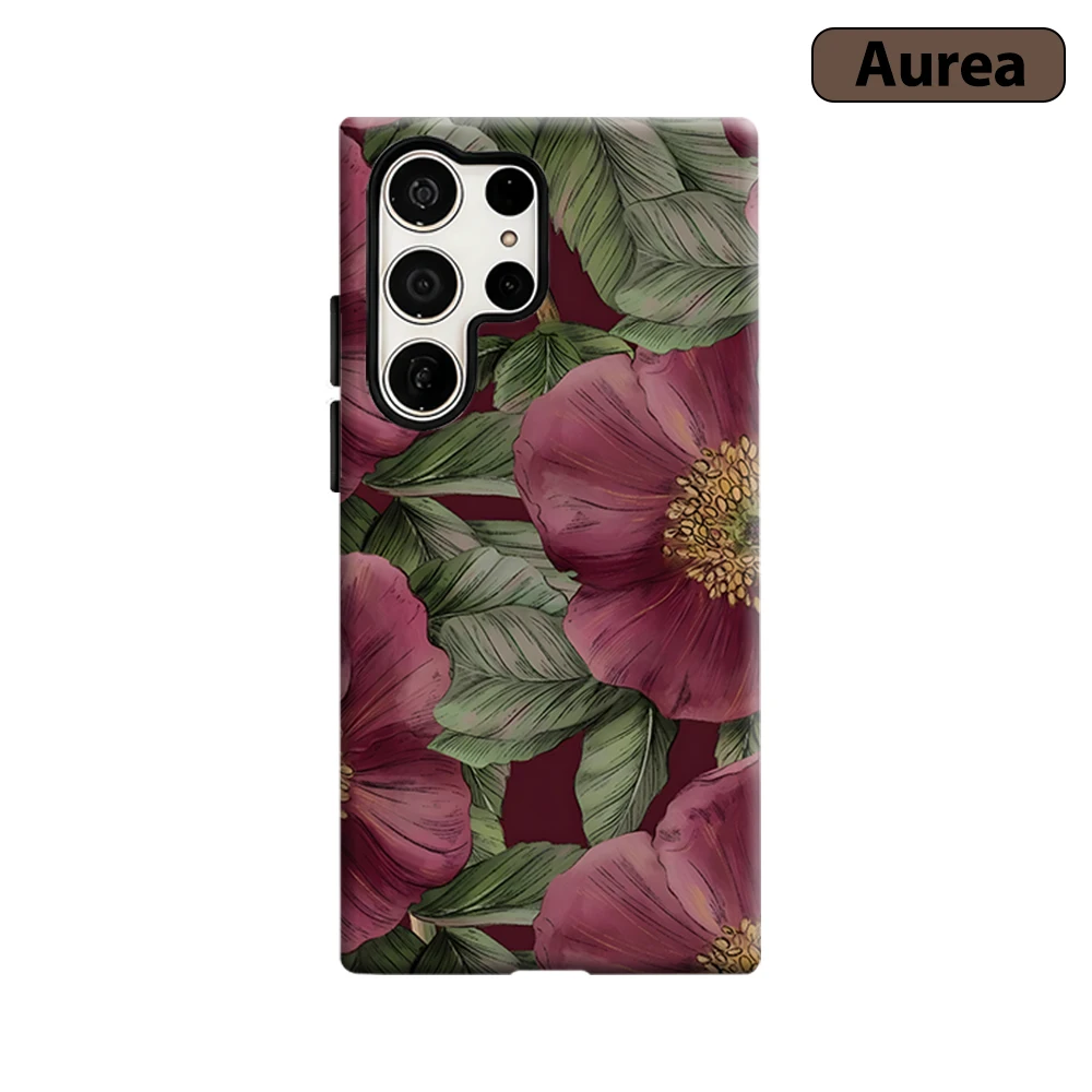 Burgundy Peony Sketch Phone Case for Samsung Galaxy S26 S25 Ultra S24 S23 Ultra Plus Shockproof Double layer tough Back Cover