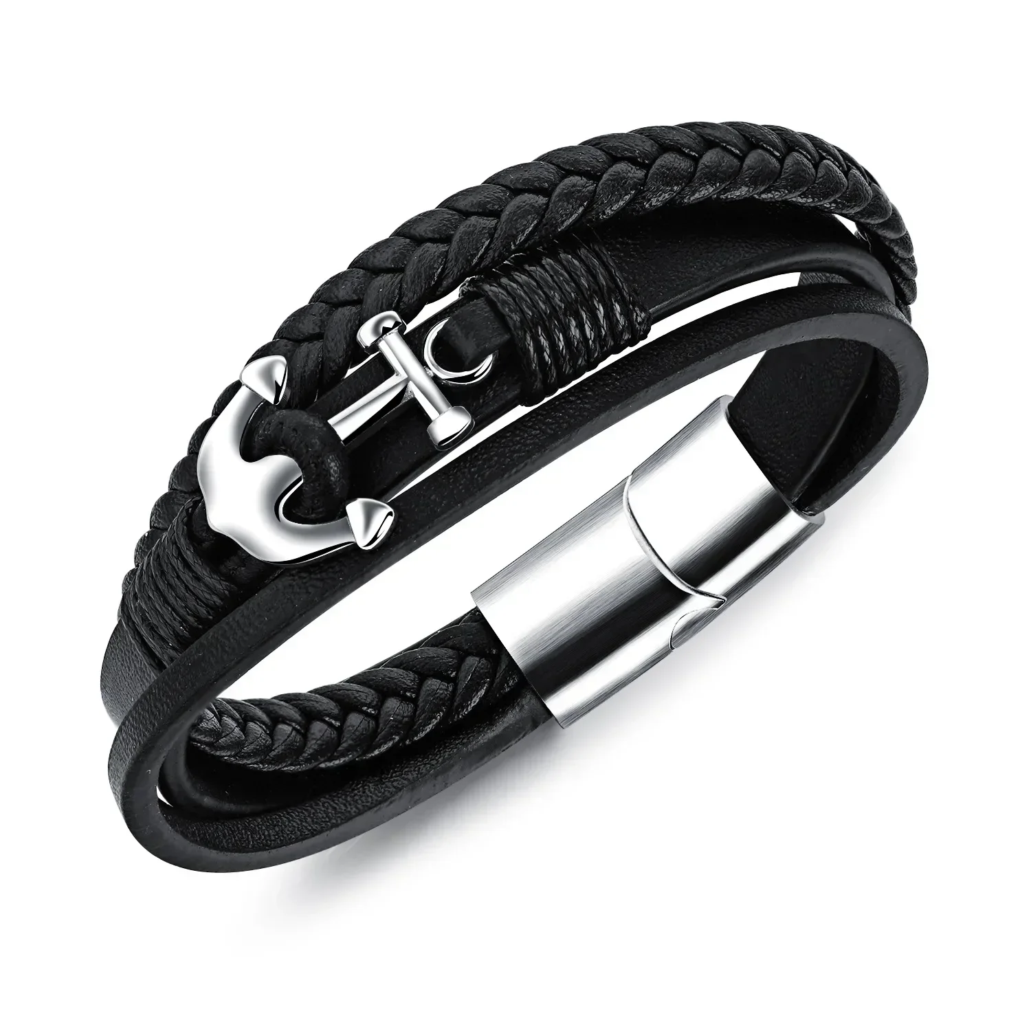 PPW1-Bracelet en cuir tressé multicouche pour homme, bracelet magnétique en acier inoxydable, cadeau de bijoux perlés