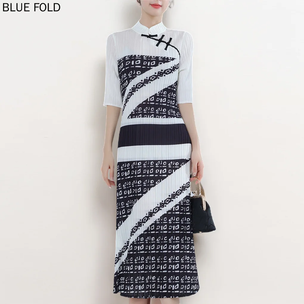 

Miyake Dress for Women Chinese Style Clothing Retro Print Stand Collar Plate Button Five-Quarter Sleeve High Quality Summer New