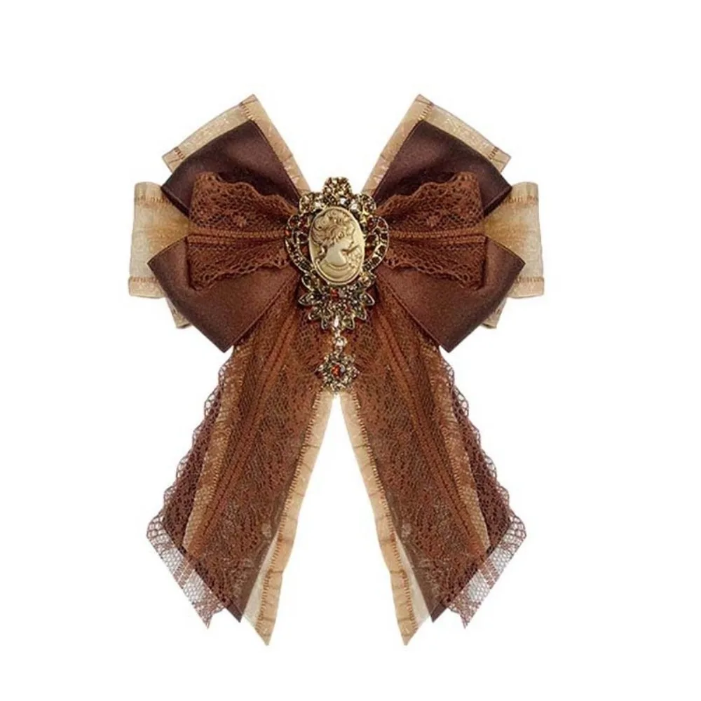 

Alloy Lace Ribbon Bow Tie Enchase Design Multi-layered Vintage Lolita Necktie Brooch Solid Color Decoration Shirt Tie Men