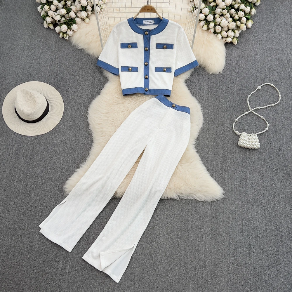 

Faionable Korean Sle round Ne Single Button Denim Color Blo Slim Fit ort Top And High Waist Pants Women Set