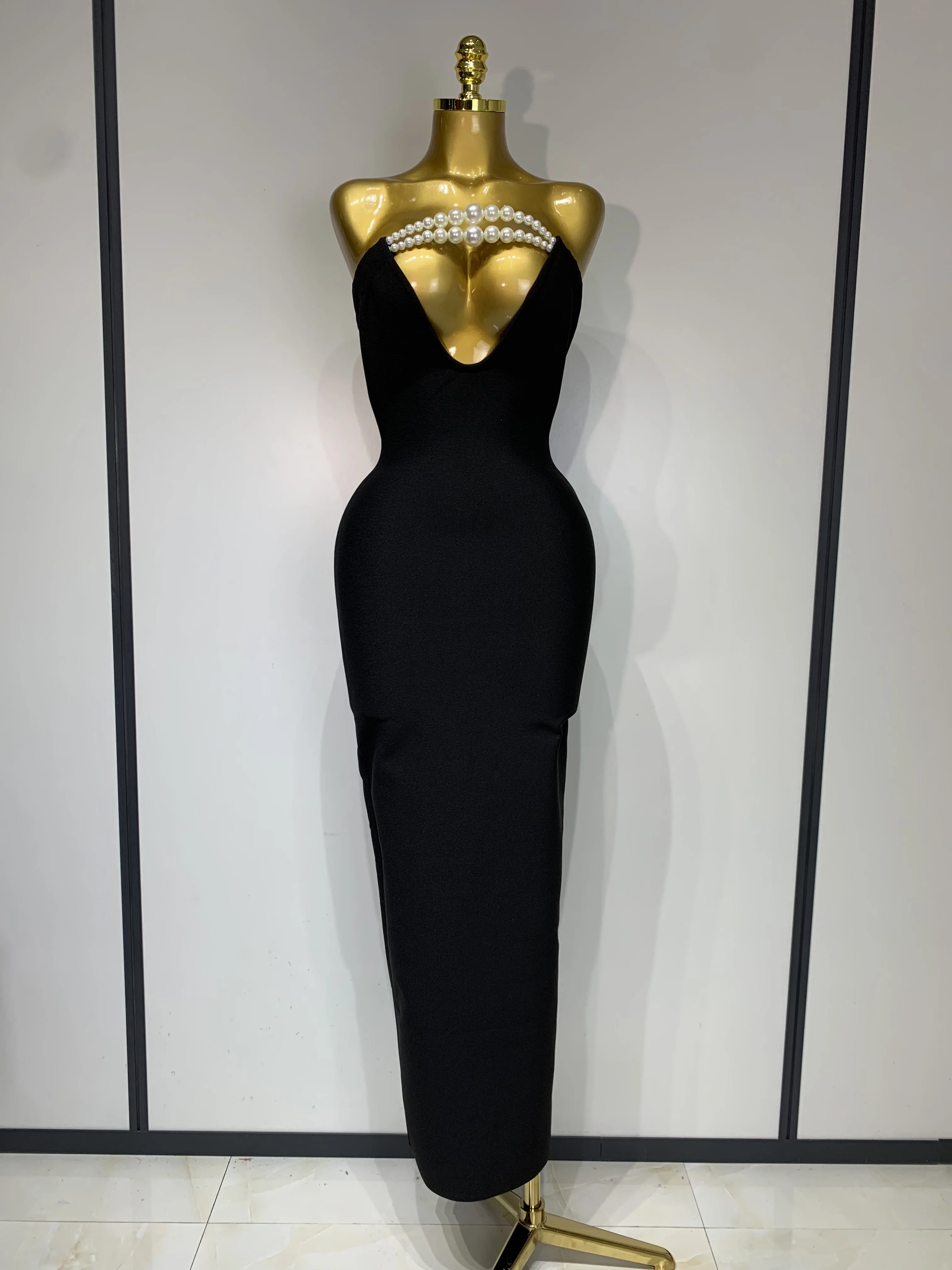 Vestido ceñido al cuerpo para mujer, Sexy, sin espalda, sin tirantes, negro, con cuentas, elegante, de noche, de lujo, para cumpleaños, 2025