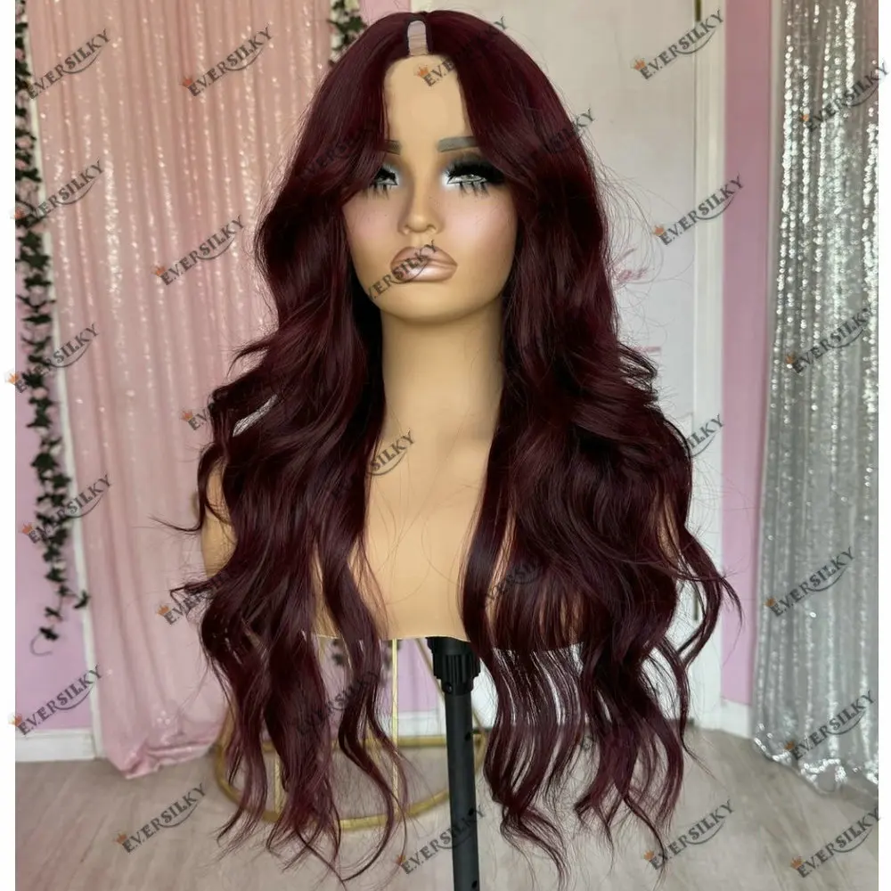 Burgundy Red Natural Wave U Part Wig Human Hair for Black Women Full Machine Made Glueless 1x4Size Opening V Part Wig Human Hair