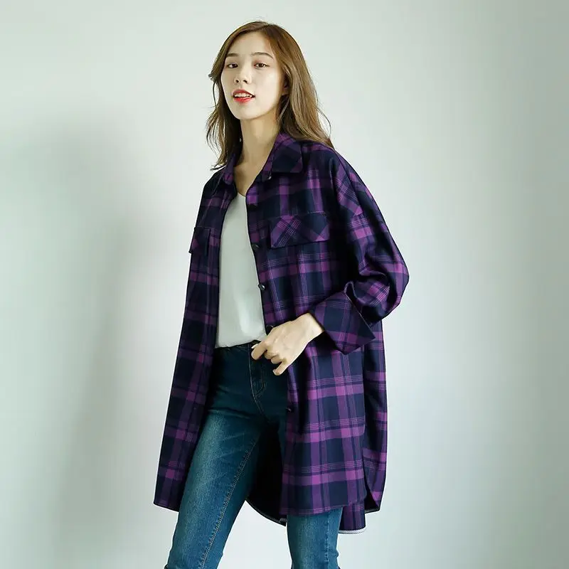 

Woman Plaid Blouses Fit Checkered Shirts Long Sleeve Cotton Tops Oversized Casual Outerwear Female Clothes Blusas Mujer D346