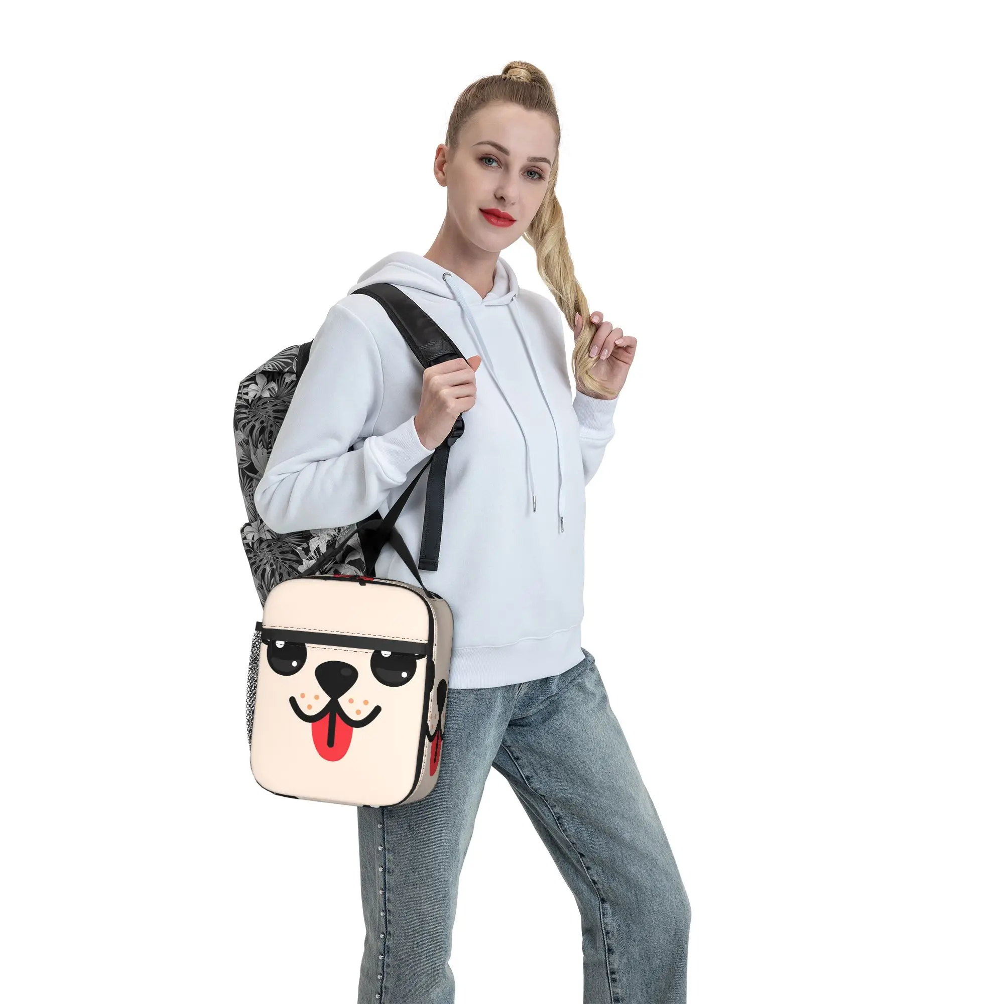 Lunch Bag Light Beige Puppy Face With Tongue Out Outdoor Picnic Lunch Box For Unisex  Casual Portable Zipper Custom Cooler Bag
