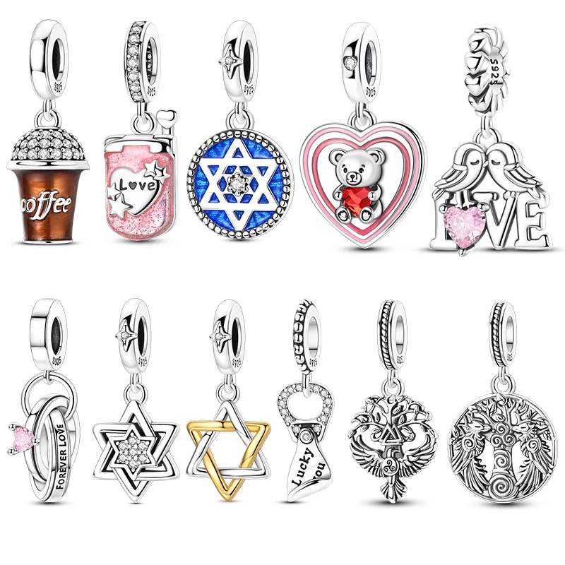 925 Sterling Silver Charms Beads Coffee Hexagram Phone Rings Pendants Fit Women Original Bracelet DIY Jewelry Gift