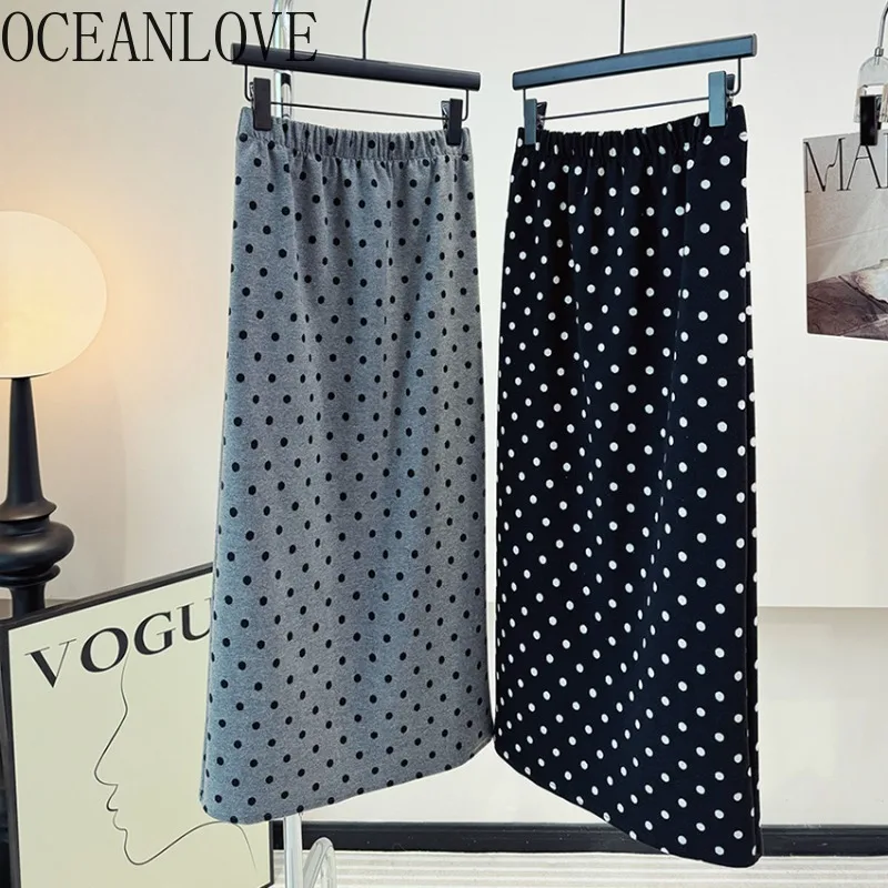 

OCEANLOVE Polka Dot Women Skirts Woolen Autumn Winter Korean Fashion Elegant Faldas Mujer A-line Vintage Sweet Long Skirt