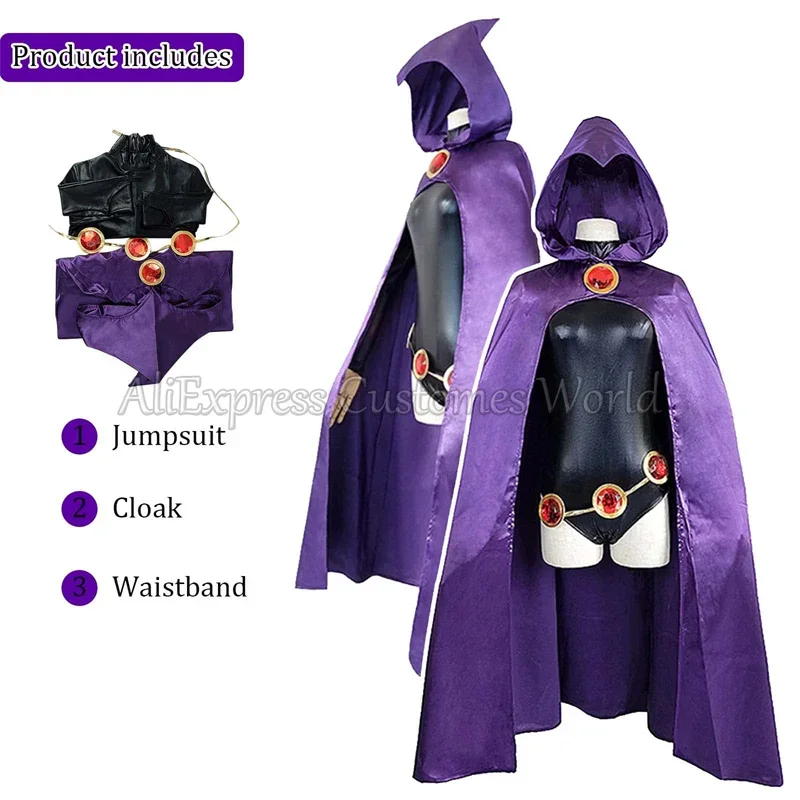 Anime teentitans Raven cosplay costume, deluxe jumpsuit belt with purple cloak Halloween uniform cosplay costume for women kids