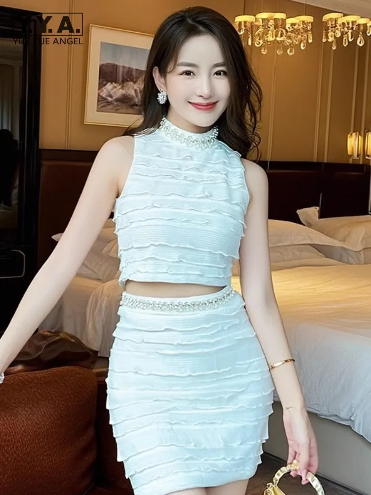

Party Ladies Sleeveless Pearls Diamonds Tank Cropped Top Slim Fit High Waist Wrap Skirts Fashion New Summer Women Two Piece Set