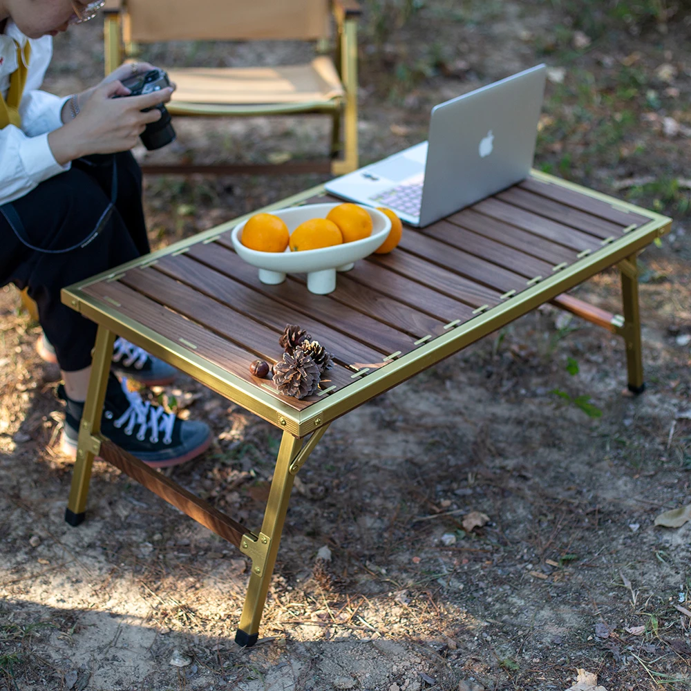 JIFENG Outdoors High Quality Leisure Facilities Brass Frame Natal North American Black Walnut Rectangle Camping Folding Table