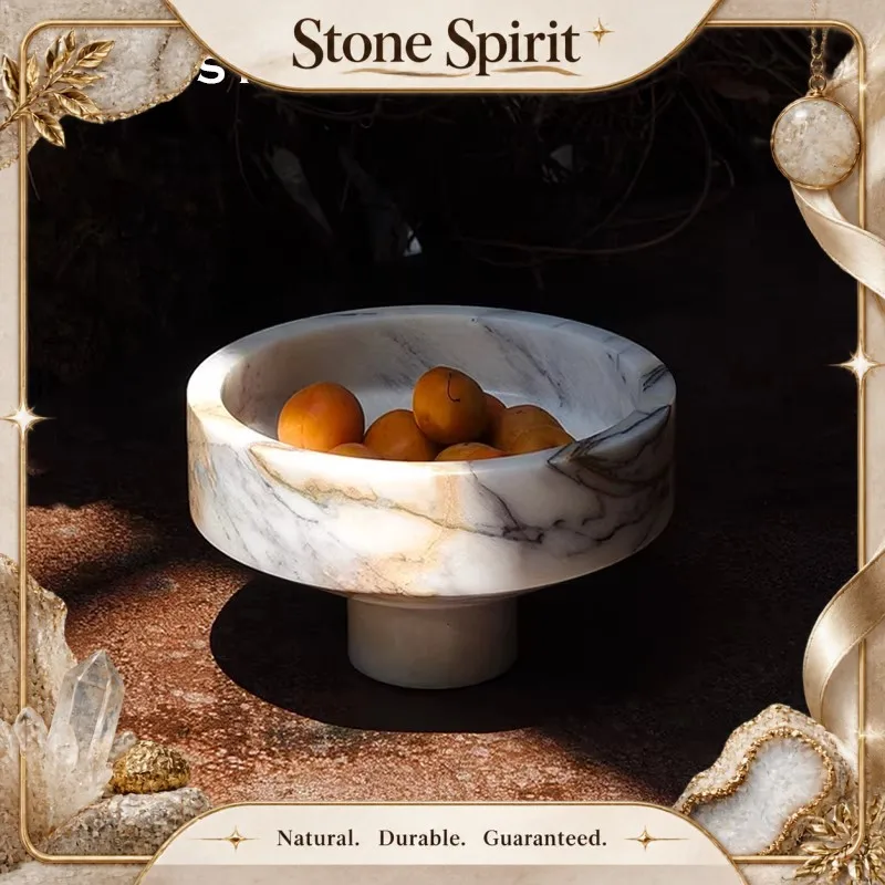 Natural Marble Fruit Decorative Tray Advanced Hotel Restaurant Big Bowl High foot Tray Melon Fruit plate Dining Table Ornaments
