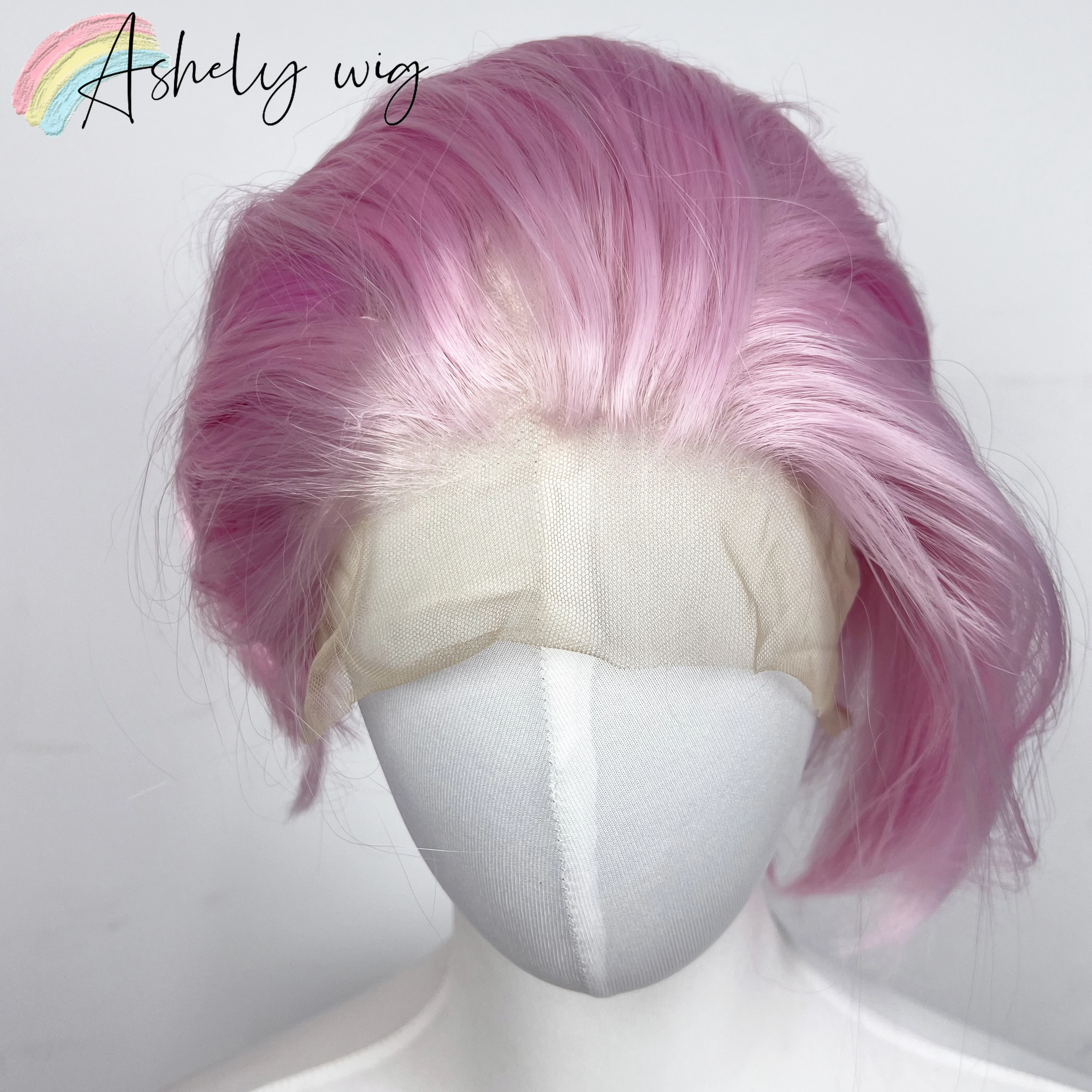

Pink Short Bob Wig for Men 6inch Light Pink Women Straight Glueless 13x4 HD Synthetic Lace Front Wig Natural Hairline Coslay