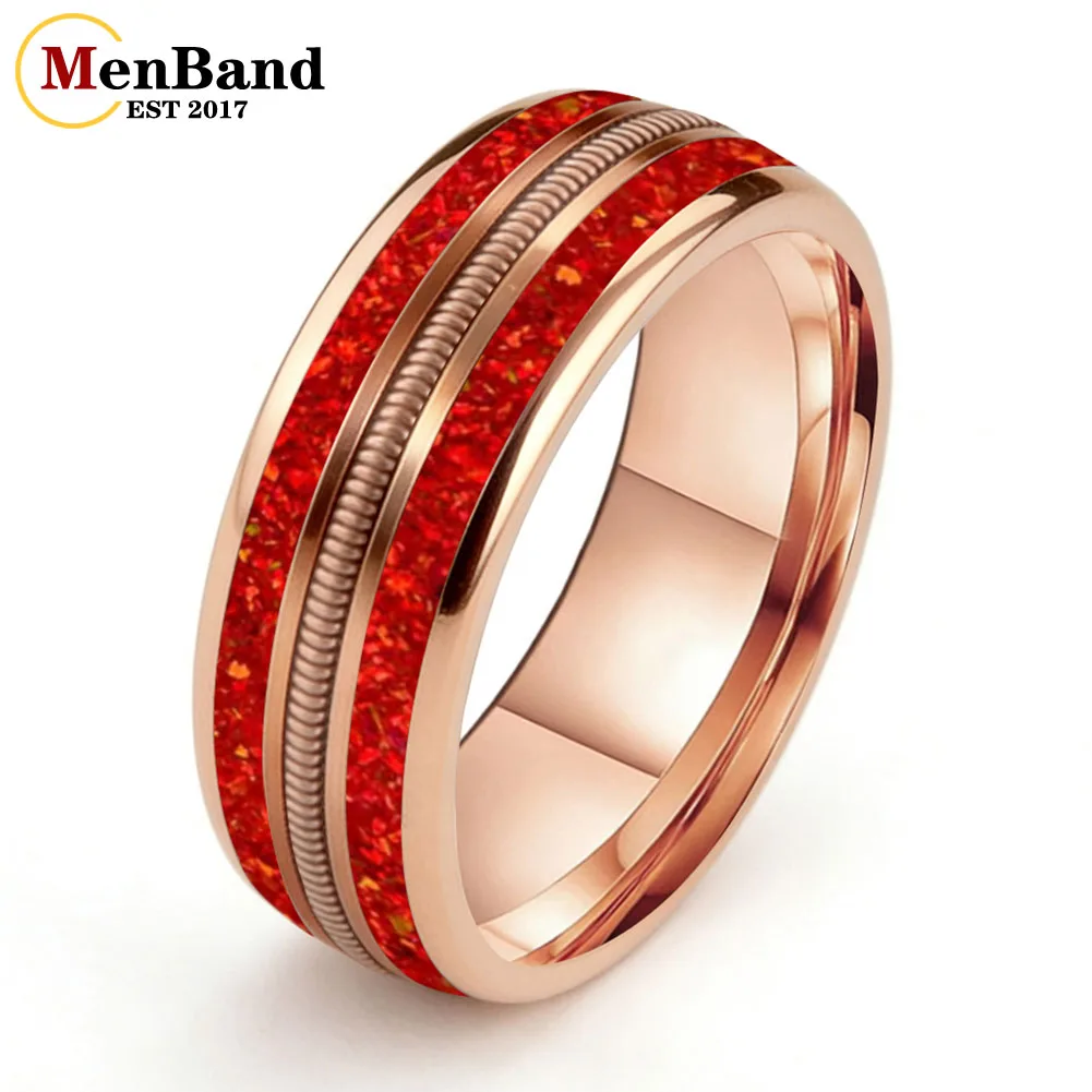 

MenBand 8MM Men Women Wedding Band Tungsten Carbide Ring with Red opal and Rose Gold Guitar String Inlay Comfort Fit