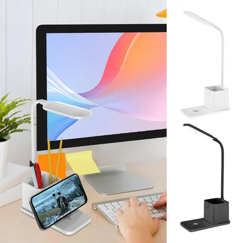 

Яркая настольная лампа, современная настольная лампа, беспроводное зарядное устройство, освещение для ухода за глазами, регулируемая яркость, держатель для ручек, настольные аксессуары