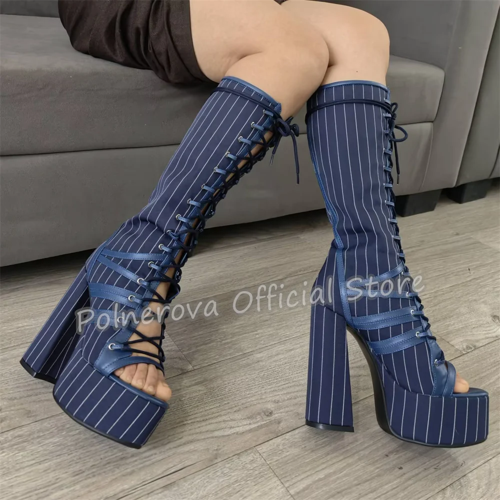 Fashion Mixed Color Striped Print High Heel Platform Boots Women Open Toe Lace Up Stiletto Ankle Boots Catwalk Party Dress Shoes
