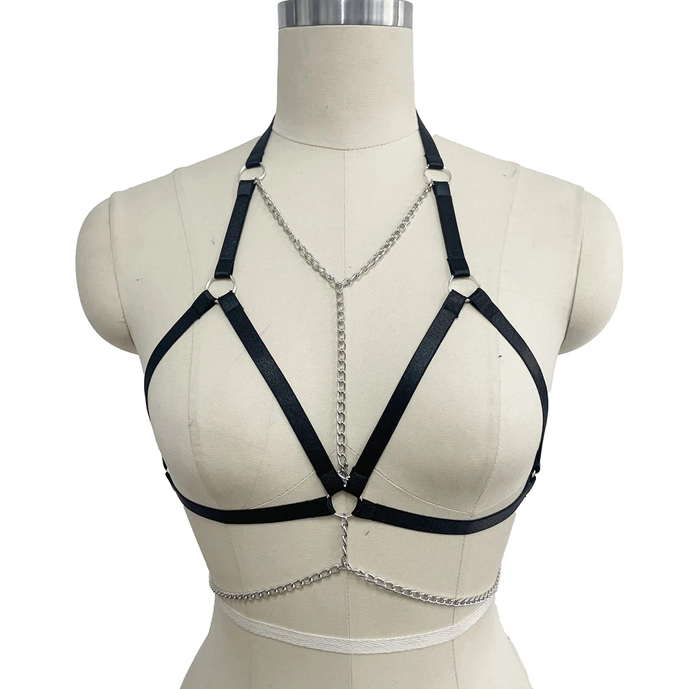 

Black Clothing Goth Underwear Silver Chain Elastic Adjustable Sexy Lingerie Top Hharness Cage Bra Strap Body Harness