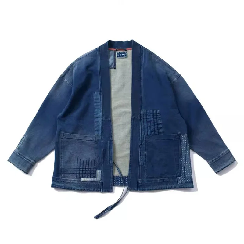 Blue Hip Hop Taoist Robe Denim Jackets Men Harakuju Streetwear Casual Jeans Coats Spring Autumn