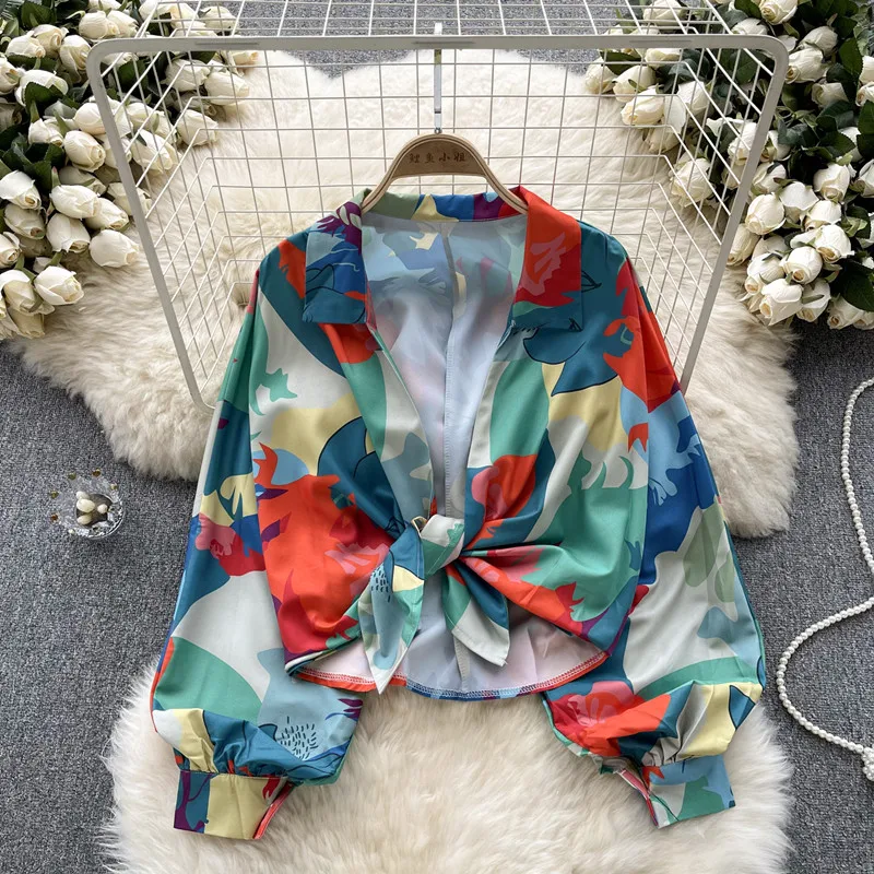 

Girl style printed puff sleeved shirt for women with Autumn bandage design temperament top coat blouses for women fashion 2023