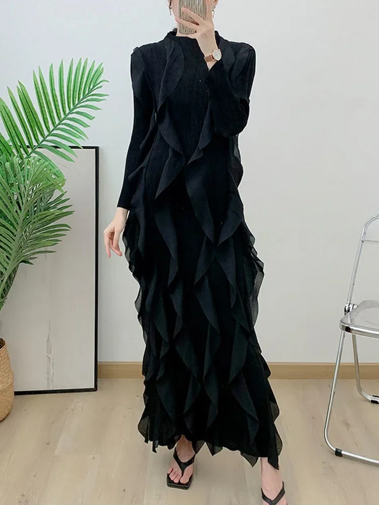 GGHK Miyake High Quality Fashionable and Elegant Dresses New Round Neck Full Sleeves Splicing Ruffles Evening Party Dresses