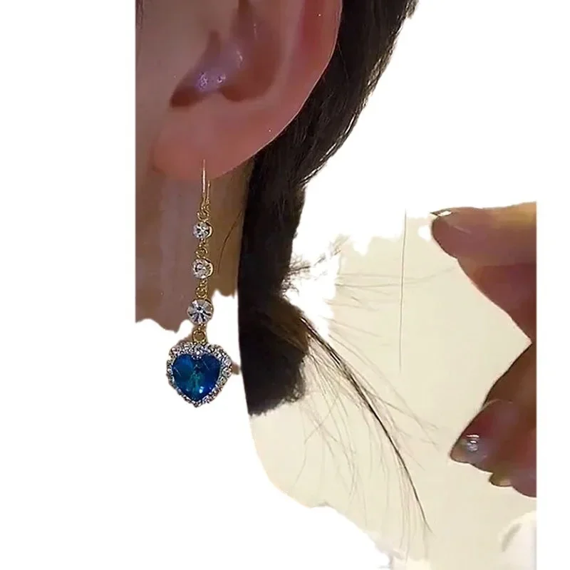 Blue crystal love earrings women\'s light luxury high-end long face thin earrings temperament versatile earrings