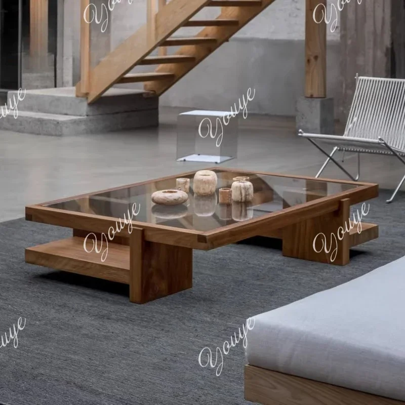 XS Minimalist Solid Wood High-end Light Luxury Glass Coffee Table Living Room Household Medieval Small Tea Table Japanese Low Ta