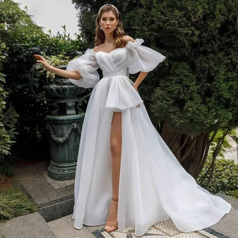 

Customized New Front Short Long Back Classic Wedding Dresses Short Sleeve Simple Bride Dress With Train Wedding Gown Vestido De