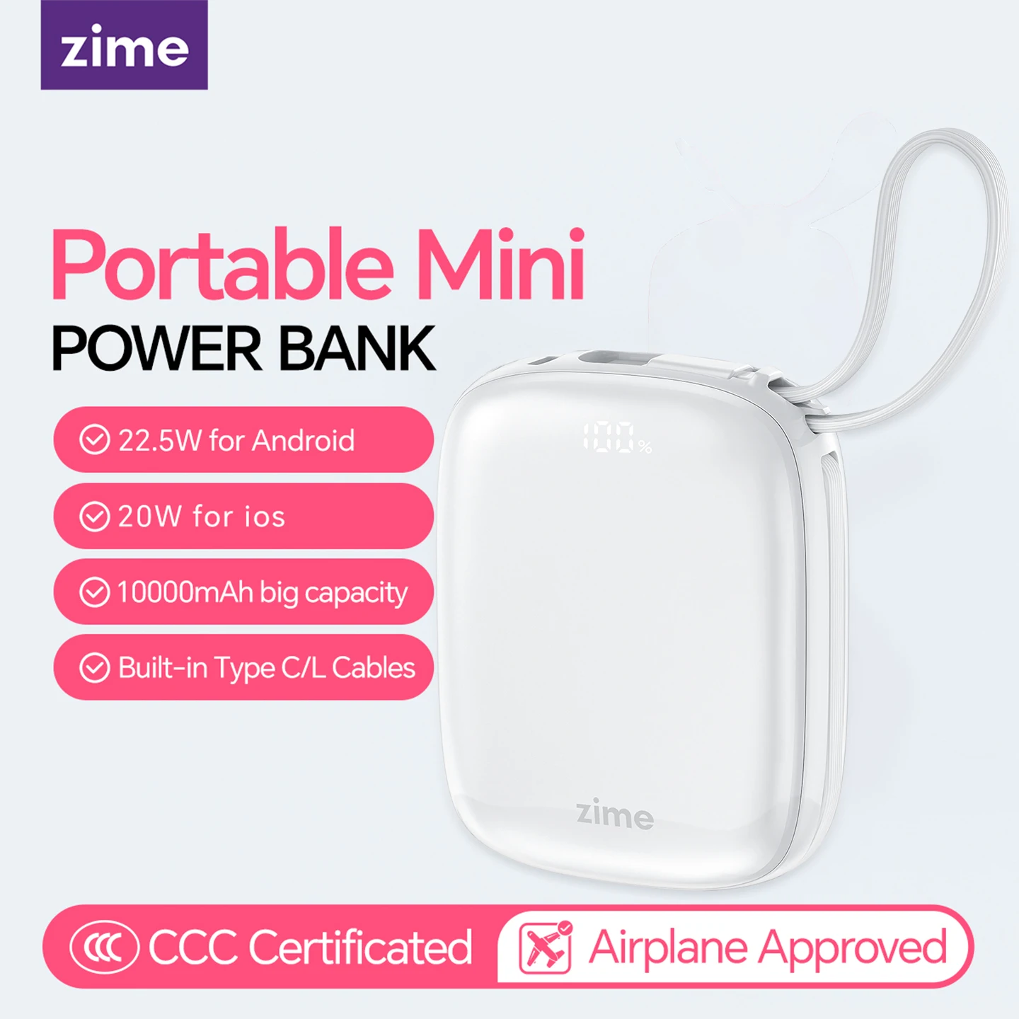 zime 10000mAh 22.5W Mini Power Bank Built-in Dual Cables, 180g Portable 3C Certified Airplane Approved for iPhone Samsung