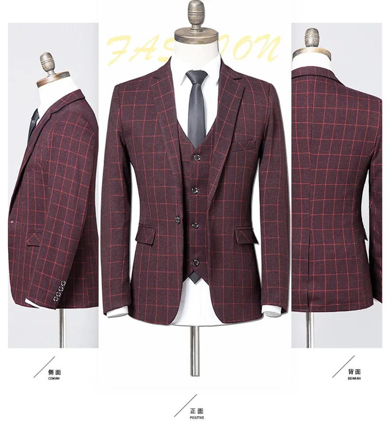 Boutique 5XL (Blazer + Vest + Trousers) Italian Style Fashion Business Elegant Gentleman Plaid Slim Casual Formal Suit 3-piece