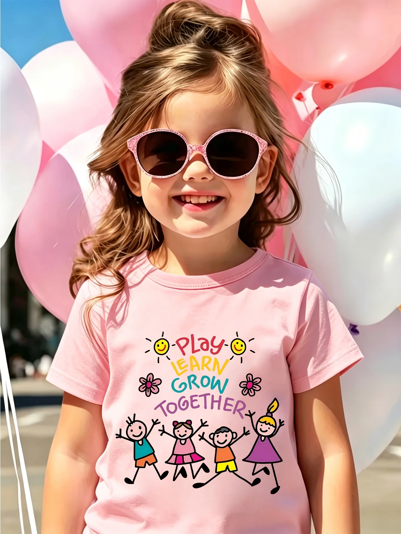 Kids Boy Girl Matching Tee Play Learn Grow Together Stick Figure Sun Flower Graphic Short Sleeve Crew Neck Toddler Casual Outfit