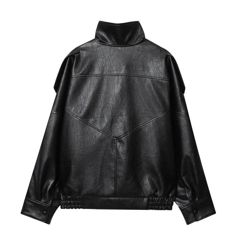 سترة جلدية سترة منفوخة سوداء للخريف بأكمام طويلة وأزرار معاطف وسترات نسائية جديدة في الشارع ملابس خارجية خارجية