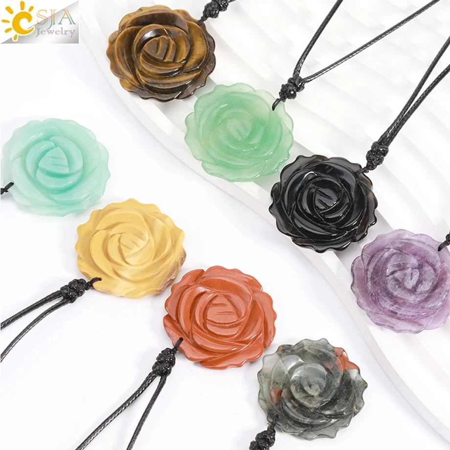 CSJA Natural Stone Rose Flower Ring Energy 5mm Beads Handmade Carved Rock Crystal Rings for Women Weding Jewelry 2024 Gift H306