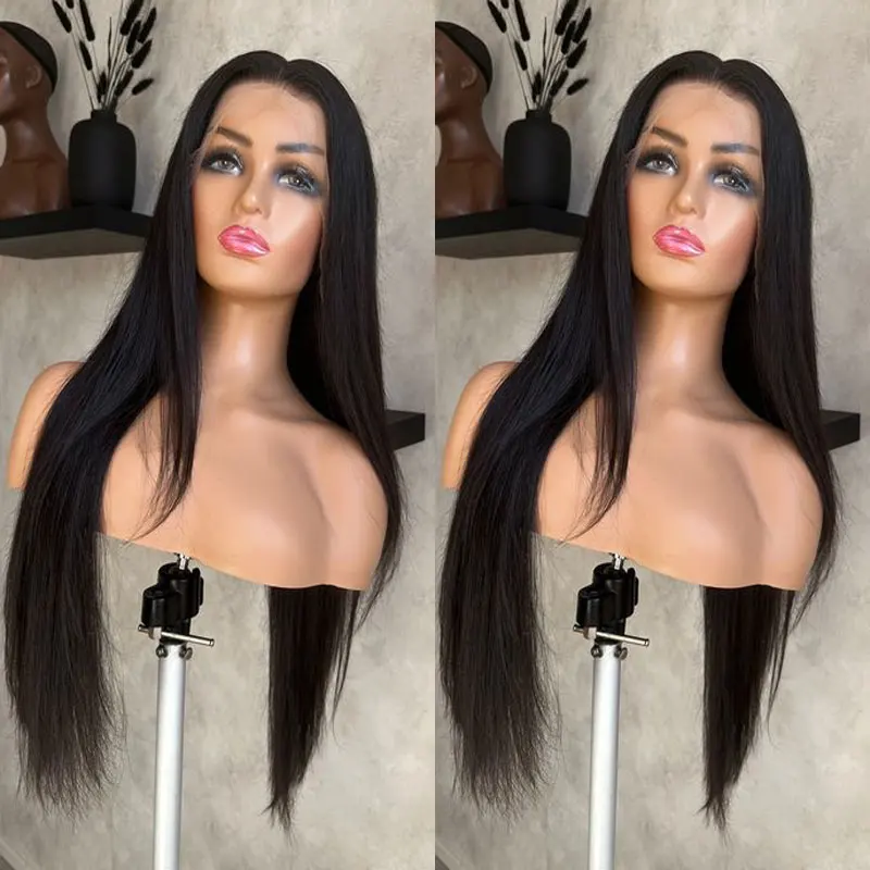 Jet preto cor peruca de cabelo reto sintético 13x4 perucas dianteiras do laço alta qualidade fibra resistente ao calor cabelo meio separação para mulher