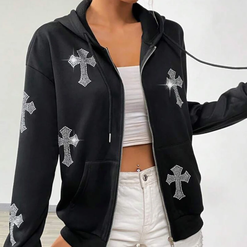 New Zip Up Hoodie Rhinestone Goth Long Sleeve Hoodies Hip Hop Punk Joggers Sweatshirt Y2k Jacket Men And Woman Sport Coat